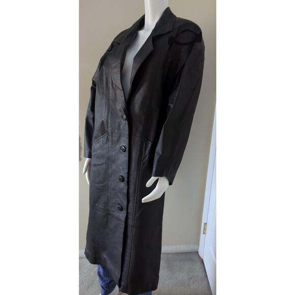 VTG Marco Morani Black Leather Trench Button Up Coat Suede Embellishments Size M - Picture 7 of 9